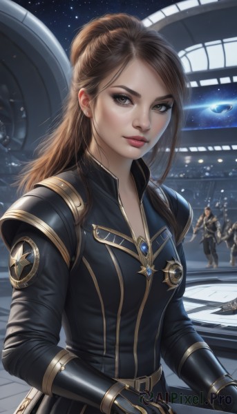 1girl,long hair,breasts,looking at viewer,brown hair,gloves,brown eyes,jewelry,closed mouth,ponytail,earrings,multiple boys,sky,solo focus,black gloves,belt,armor,uniform,lips,makeup,night,star (sky),starry sky,science fiction,realistic,nose,space,spacecraft,solo,medium breasts,upper body,bodysuit,planet