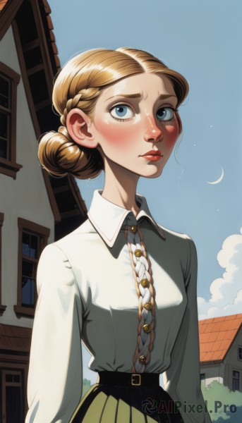 1girl,solo,breasts,looking at viewer,blush,short hair,blue eyes,skirt,blonde hair,shirt,long sleeves,white shirt,upper body,braid,pleated skirt,small breasts,outdoors,parted lips,sky,day,collared shirt,belt,cloud,hair bun,blue sky,lips,eyelashes,window,buttons,moon,single hair bun,green skirt,building,freckles,nose,crescent moon,braided bun,closed mouth,makeup,night,wing collar,lipstick,blouse,french braid,black belt,red lips,house