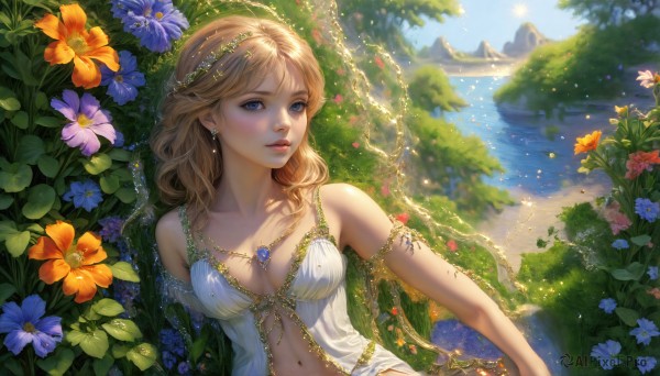 HQ,1girl,solo,long hair,breasts,blue eyes,blonde hair,hair ornament,navel,cleavage,bare shoulders,jewelry,medium breasts,collarbone,upper body,flower,earrings,outdoors,lying,parted lips,day,water,necklace,blurry,tree,lips,leaf,on side,looking away,sunlight,plant,gem,nature,scenery,armlet,blue flower,circlet,realistic,fantasy,vines,river,lake,looking at viewer,blush,bangs,dress,closed mouth,artist name,looking to the side,eyelashes,bird,red flower,yellow flower,nose,purple flower,watercraft,babydoll,waterfall,boat,orange flower