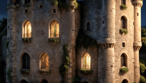 HQ,outdoors,sky,tree,no humans,window,night,plant,building,night sky,scenery,door,ruins,vines,pillar,arch,overgrown,day,blue sky,sunlight,fantasy,architecture,moss