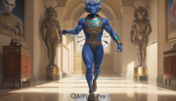 solo,1boy,jewelry,standing,full body,yellow eyes,male focus,belt,indoors,armor,muscular,shadow,colored skin,abs,furry,walking,running,blue skin,clock,statue,alien,tokusatsu,smile,realistic,egyptian,egyptian clothes,ankh