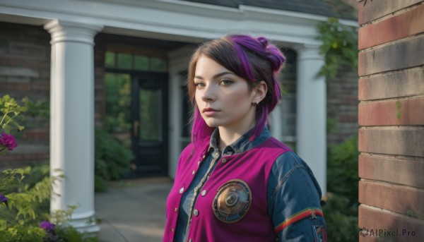 1girl,solo,looking at viewer,short hair,brown hair,shirt,brown eyes,jewelry,jacket,upper body,purple hair,flower,multicolored hair,earrings,outdoors,day,hair bun,blurry,vest,two-tone hair,lips,buttons,blurry background,plant,realistic,nose,purple flower,stud earrings,brick wall,pillar,bangs,black hair,parted lips,letterman jacket