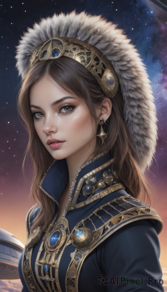 1girl,solo,long hair,breasts,looking at viewer,brown hair,brown eyes,jewelry,upper body,earrings,parted lips,sky,necklace,lips,book,eyelashes,night,gem,star (sky),night sky,starry sky,realistic,nose,headdress,space,shooting star,bangs,holding,outdoors,parted bangs,grey eyes,fur trim