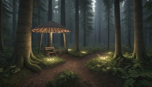 outdoors,tree,no humans,glowing,umbrella,sunlight,grass,plant,nature,scenery,forest,light rays,bush,torii,mushroom,path,leaf,chair,fireflies,tree stump,campfire