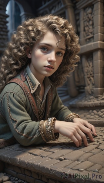 1girl,solo,long hair,looking at viewer,blonde hair,brown hair,shirt,long sleeves,brown eyes,jewelry,upper body,earrings,parted lips,blurry,vest,bracelet,lips,grey eyes,blurry background,wavy hair,freckles,curly hair,realistic,nose,green shirt,blue eyes,teeth,eyelashes,stone floor