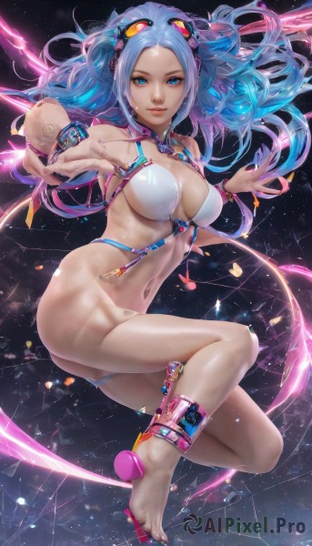 1girl,solo,long hair,breasts,looking at viewer,smile,blue eyes,large breasts,navel,cleavage,jewelry,medium breasts,blue hair,swimsuit,full body,ass,bikini,multicolored hair,barefoot,shiny,stomach,nail polish,bracelet,feet,lips,fingernails,shiny skin,gradient hair,toes,white bikini,wristband,forehead,anklet,pink hair,legs,bottomless,headgear,science fiction,realistic,space