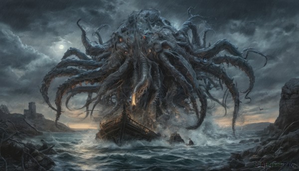 red eyes,outdoors,sky,cloud,signature,water,no humans,glowing,bird,ocean,animal,moon,cloudy sky,scenery,tentacles,monster,sun,watercraft,giant,ship,waves,boat,eldritch abomination,rain,military vehicle,ruins,multiple others,extra arms,extra eyes,kaijuu