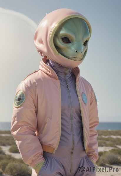 1girl,solo,looking at viewer,shirt,long sleeves,brown eyes,standing,jacket,cowboy shot,outdoors,open clothes,day,pants,blurry,open jacket,bodysuit,mask,blurry background,helmet,zipper,brown jacket,realistic,hands in pockets,unzipped,pink jacket,zipper pull tab,alien,partially unzipped,brown hair,emblem,jumpsuit,motorcycle helmet,space helmet,astronaut