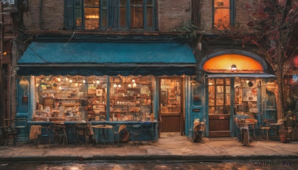 1boy,outdoors,tree,no humans,window,night,chair,table,cat,plant,building,scenery,city,sign,potted plant,road,bench,autumn leaves,street,shop,vending machine,air conditioner,pavement,storefront,1girl,solo,sitting,food,cup,bottle,lantern,door,brick wall,stool,cafe