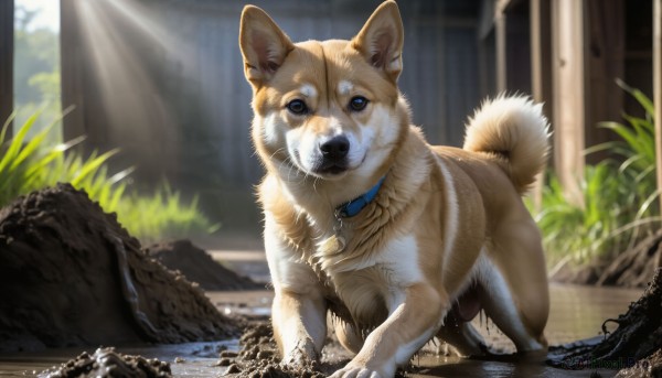 HQ,solo,looking at viewer,blue eyes,outdoors,day,signature,water,blurry,collar,no humans,depth of field,animal,sunlight,grass,plant,dog,light rays,realistic,animal focus,animal collar,standing,blurry background,nature,shiba inu