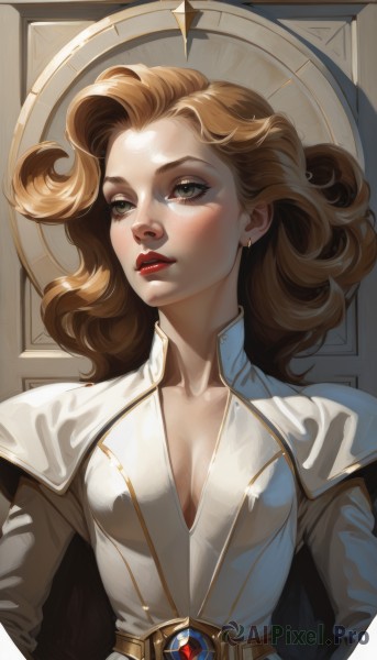 1girl,solo,long hair,breasts,looking at viewer,blonde hair,brown hair,dress,cleavage,jewelry,medium breasts,green eyes,collarbone,upper body,earrings,parted lips,belt,medium hair,lips,makeup,lipstick,gem,freckles,curly hair,high collar,center opening,red lips,shiny,cape,white dress,looking to the side,eyelashes,looking away,realistic,nose