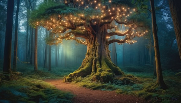 outdoors,tree,no humans,night,glowing,sunlight,grass,plant,nature,scenery,forest,light rays,fantasy,light,mushroom,path,moss,bush,fireflies