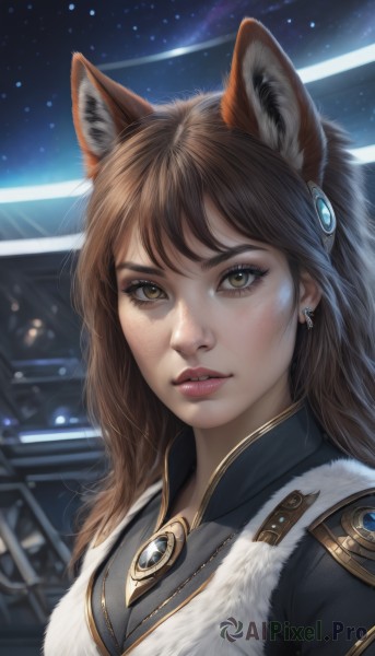 1girl,solo,long hair,looking at viewer,bangs,brown hair,hair ornament,animal ears,brown eyes,jewelry,upper body,earrings,parted lips,necklace,lips,fur trim,fox ears,eyelashes,makeup,night,portrait,star (sky),extra ears,pendant,freckles,realistic,nose,artist name,wolf ears