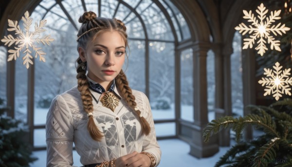 1girl,solo,long hair,looking at viewer,smile,brown hair,hair ornament,long sleeves,dress,brown eyes,jewelry,closed mouth,upper body,braid,multicolored hair,earrings,indoors,hair bun,blurry,twin braids,bracelet,tree,lips,grey eyes,window,blurry background,own hands together,plant,snow,snowing,realistic,snowflakes,winter,hair pulled back,multiple braids,breasts,shirt,collared shirt,artist name,signature,dark skin,nail polish,two-tone hair,dark-skinned female,fingernails,makeup,depth of field,black nails,hair over shoulder,forehead,backlighting,nose,red lips