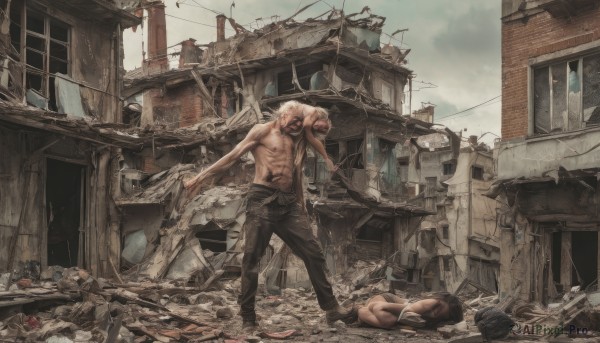 1girl,breasts,short hair,black hair,1boy,navel,underwear,standing,panties,weapon,outdoors,lying,multiple boys,sky,pants,torn clothes,blood,muscular,abs,building,topless male,injury,city,realistic,ruins,damaged,death,destruction,rubble,blonde hair,white hair,nude,barefoot,scenery,power lines,debris