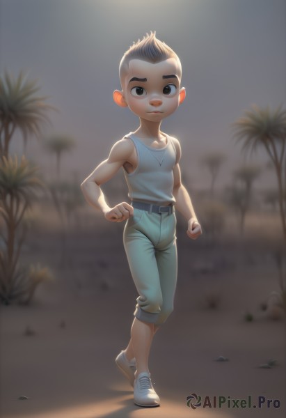 solo,looking at viewer,short hair,brown hair,shirt,black hair,1boy,brown eyes,jewelry,closed mouth,standing,full body,male focus,outdoors,shoes,sleeveless,belt,pants,necklace,blurry,black eyes,tree,blurry background,tank top,sneakers,child,clenched hands,walking,palm tree,male child,shorts,bandaid,bandaid on face