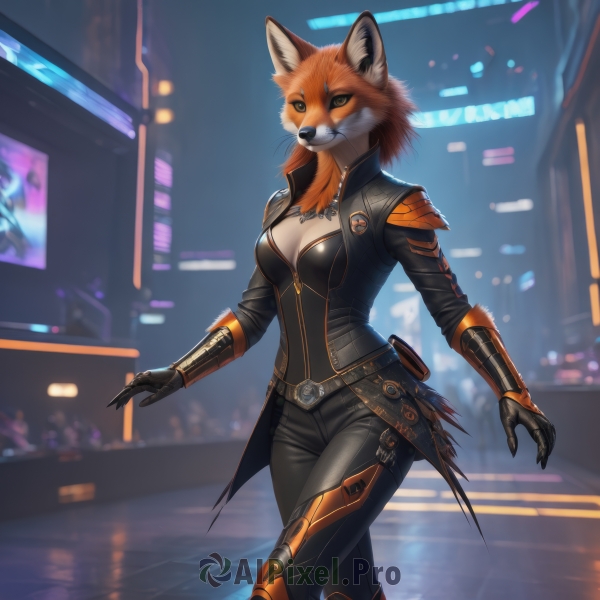 1girl,solo,breasts,short hair,gloves,long sleeves,animal ears,cleavage,jewelry,medium breasts,standing,jacket,tail,yellow eyes,outdoors,belt,pants,artist name,necklace,blurry,black jacket,orange eyes,fox ears,night,blurry background,feet out of frame,fox tail,black pants,furry,colored sclera,walking,science fiction,city,furry female,mechanical arms,fox,city lights,cyberpunk,orange fur,looking at viewer,orange hair,bodysuit,zipper,leather,snout