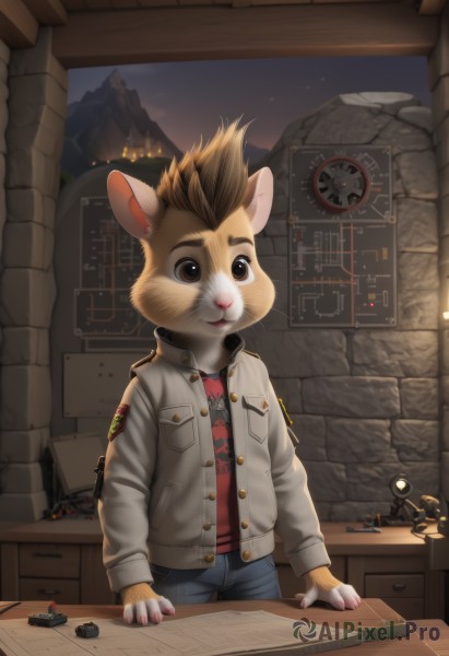 solo,brown hair,1boy,brown eyes,jacket,male focus,pants,indoors,night,denim,furry,desk,clock,furry male,male child,mouse,open mouth,shirt,animal ears,sky,no humans,window,robot,red shirt,star (sky),night sky,science fiction,jeans,mountain,lamp,map,drawer