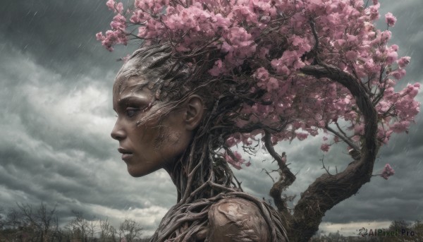 1girl, solo, 1boy, outdoors, sky, cloud, tree, profile, cloudy sky, cherry blossoms, rain, realistic