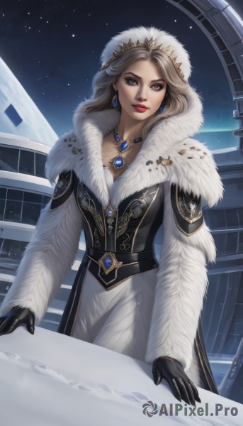 1girl,solo,long hair,breasts,looking at viewer,blonde hair,brown hair,gloves,long sleeves,dress,cleavage,brown eyes,jewelry,medium breasts,earrings,outdoors,sky,black gloves,artist name,necklace,white dress,lips,coat,fur trim,makeup,night,watermark,light brown hair,crown,lipstick,gem,star (sky),night sky,web address,snow,pendant,eyeshadow,starry sky,gold trim,snowing,nose,white coat,winter clothes,red lips,winter,fur-trimmed coat,fur hat,fur coat,hat,standing,tiara,realistic