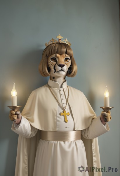 1girl,solo,looking at viewer,short hair,brown hair,long sleeves,dress,holding,brown eyes,jewelry,standing,cowboy shot,necklace,cape,white dress,no humans,capelet,shadow,animal,cross,crown,furry,robe,furry female,candle,cross necklace,whiskers,white robe,candlestand,bangs,closed mouth,upper body,blunt bangs,blurry,bob cut,fire,claws,animal hands,white cape,white capelet