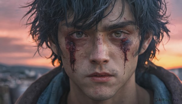 solo,looking at viewer,short hair,bangs,black hair,1boy,brown eyes,closed mouth,male focus,outdoors,sky,blurry,lips,blood,depth of field,blurry background,messy hair,portrait,close-up,sunset,injury,blood on face,realistic,straight-on,dirty,dirty face,blue hair,cloud,ocean,scar,cloudy sky