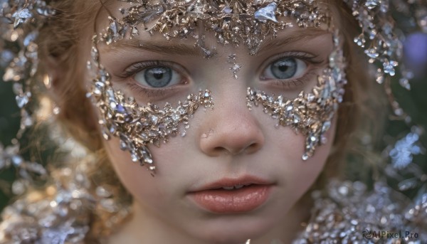 1girl,solo,looking at viewer,blue eyes,blonde hair,closed mouth,parted lips,blurry,lips,grey eyes,eyelashes,depth of field,blurry background,gem,portrait,close-up,crystal,realistic,nose,snowflakes