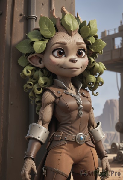 1girl,solo,long hair,breasts,smile,gloves,brown eyes,closed mouth,standing,cowboy shot,small breasts,outdoors,green hair,sleeveless,day,pointy ears,belt,pants,leaf,monster girl,zipper,freckles,curly hair,furry female,leather,brown pants,leaf on head,long pointy ears,fewer digits,blush,brown hair,hair ornament,leaf hair ornament