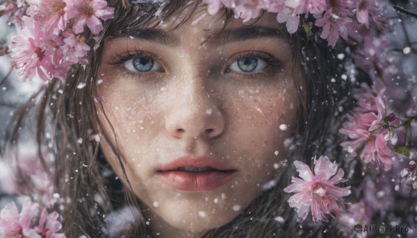 1girl, solo, looking at viewer, blue eyes, brown hair, flower, parted lips, blurry, lips, petals, eyelashes, cherry blossoms, portrait, close-up, realistic, nose