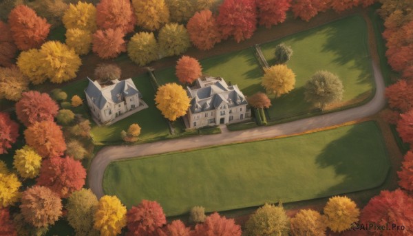 flower,outdoors,artist name,signature,tree,no humans,window,leaf,from above,grass,ground vehicle,building,nature,scenery,yellow flower,road,autumn leaves,house,autumn,orange flower,door,bush,field,path