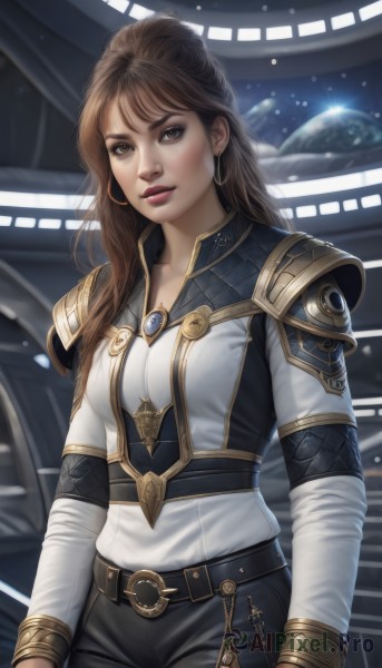 1girl,solo,long hair,breasts,looking at viewer,bangs,brown hair,shirt,long sleeves,brown eyes,jewelry,white shirt,cowboy shot,earrings,parted lips,belt,pants,armor,lips,makeup,black pants,hoop earrings,realistic,nose,space,planet,cleavage,medium breasts,standing,artist name