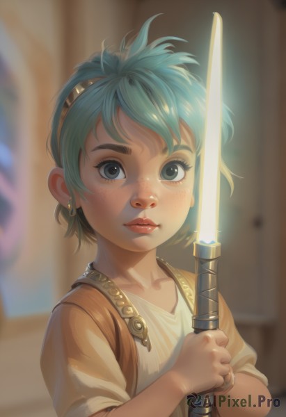 1girl,solo,looking at viewer,short hair,blue eyes,holding,jewelry,closed mouth,blue hair,upper body,weapon,hairband,earrings,green hair,sword,holding weapon,blurry,black eyes,bracelet,lips,grey eyes,aqua hair,blurry background,glowing,holding sword,ring,freckles,realistic,nose,fantasy,glowing weapon,energy sword,lightsaber,shirt,collarbone,artist name,eyelashes,depth of field,goggles,goggles on head