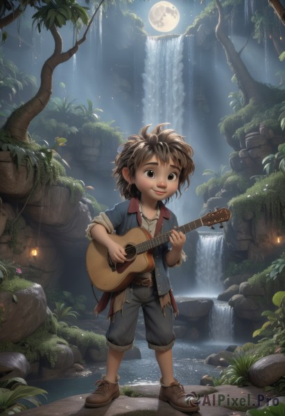 solo,smile,short hair,brown hair,shirt,1boy,brown eyes,jewelry,standing,jacket,full body,male focus,outdoors,open clothes,sky,shoes,shorts,belt,pants,water,necklace,tree,night,leaf,brown footwear,moon,plant,denim,messy hair,instrument,child,nature,full moon,sleeves rolled up,forest,rock,fantasy,music,guitar,male child,playing instrument,holding instrument,waterfall,cliff,moss,stream,acoustic guitar,1girl,flower,torn clothes,night sky,lantern