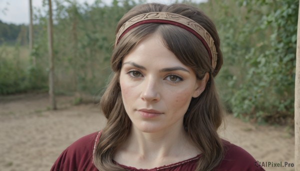 1girl,solo,long hair,looking at viewer,brown hair,brown eyes,closed mouth,hairband,outdoors,day,blurry,tree,lips,depth of field,blurry background,portrait,freckles,realistic,nose,road,bangs,jewelry,earrings,parted bangs