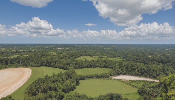 outdoors,sky,day,cloud,tree,blue sky,no humans,cloudy sky,grass,nature,scenery,forest,mountain,horizon,road,field,landscape,hill,water,ocean,beach,bush,green theme,shore