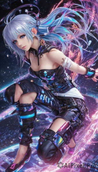 1girl,solo,long hair,breasts,looking at viewer,bangs,blue eyes,hair ornament,cleavage,bare shoulders,jewelry,medium breasts,closed mouth,blue hair,full body,earrings,shoes,belt,pants,black footwear,bracelet,lips,tattoo,detached collar,floating hair,bandages,black pants,knife,science fiction,knee up,one knee,artist name,strapless,watermark