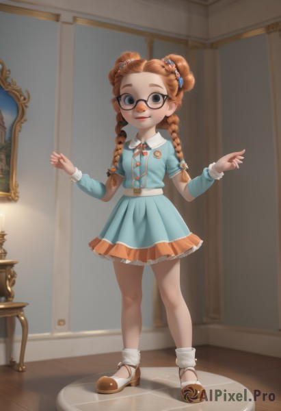 1girl,solo,long hair,looking at viewer,smile,blue eyes,brown hair,hair ornament,long sleeves,dress,bow,closed mouth,standing,full body,braid,short sleeves,hair bow,shoes,glasses,socks,belt,indoors,hair bun,orange hair,black eyes,twin braids,double bun,blue dress,brown footwear,short dress,table,white socks,child,freckles,black-framed eyewear,wooden floor,mirror,round eyewear,collared dress,female child,breasts,skirt,ribbon,small breasts,red ribbon,lips,grey eyes,hands up,neck ribbon,thick eyebrows,mary janes,forehead