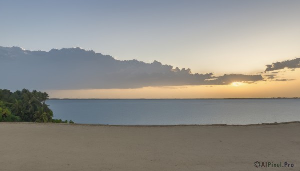 outdoors,sky,cloud,water,tree,blue sky,no humans,ocean,beach,sunlight,nature,scenery,sunset,sand,sun,horizon,landscape,gradient sky,shore,orange sky,cloudy sky,forest