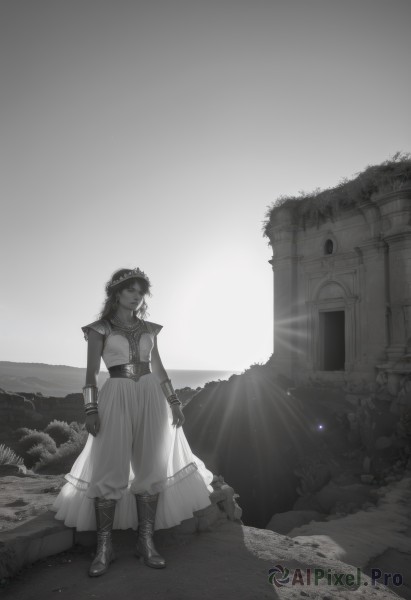 1girl,solo,long hair,breasts,skirt,dress,jewelry,standing,monochrome,full body,greyscale,boots,outdoors,dark skin,necklace,bracelet,dark-skinned female,scenery,cross-laced footwear,ruins,pillar,smile,gloves,sky,sunlight,spot color