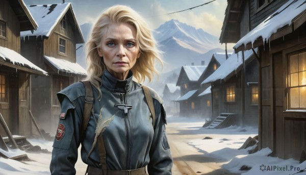 HQ,1girl,solo,long hair,looking at viewer,blue eyes,blonde hair,jewelry,jacket,upper body,outdoors,sky,day,cloud,medium hair,necklace,armor,uniform,lips,military,window,military uniform,scar,cross,wind,building,snow,snowing,mountain,realistic,house,winter,town,torn clothes,blood,scenery,injury,emblem,dirty,sunrise,dirty face,patch