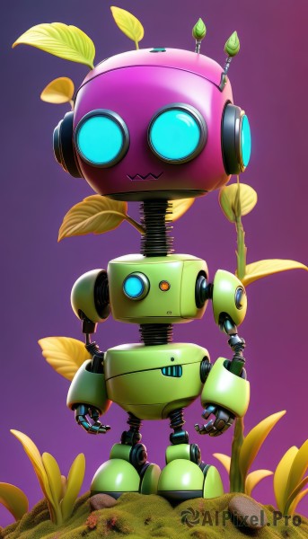 solo,looking at viewer,blue eyes,standing,full body,gradient,gradient background,no humans,headphones,leaf,grass,plant,robot,mecha,purple background,rock,open hands,humanoid robot,non-humanoid robot,simple background,pink background,straight-on