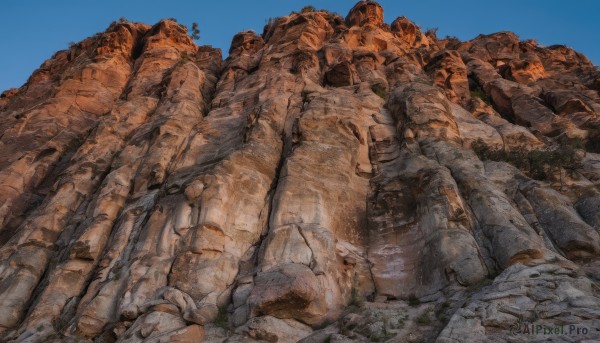 outdoors,sky,day,tree,blue sky,no humans,traditional media,scenery,rock,mountain,ruins,desert,stone