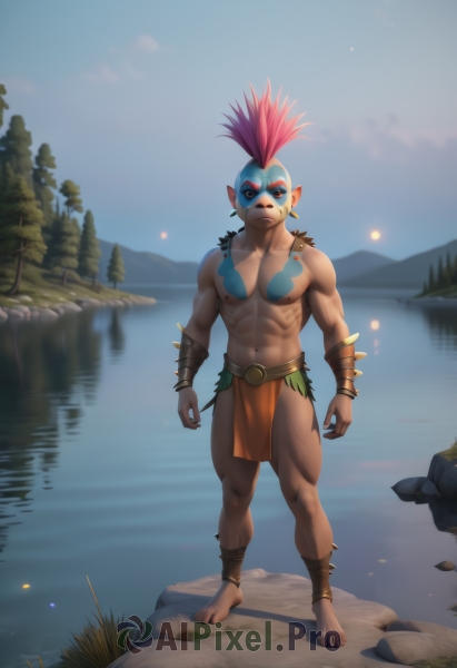 solo,looking at viewer,1boy,navel,jewelry,nipples,standing,full body,pink hair,male focus,thighs,red hair,outdoors,sky,barefoot,pointy ears,artist name,water,necklace,stomach,bracelet,tree,tattoo,mask,muscular,night,thick thighs,abs,pectorals,muscular male,bara,pelvic curtain,reflection,topless male,rock,anklet,loincloth,lake,mohawk,red eyes,colored skin,grass,nature,mountain,blue skin,bracer,facepaint,river,pond,tribal,ankle wrap