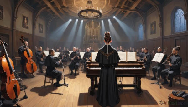 1girl,short hair,brown hair,black hair,long sleeves,dress,holding,sitting,standing,multiple boys,pants,indoors,from behind,black footwear,black dress,window,shadow,chair,black pants,formal,table,sunlight,suit,instrument,6+boys,robe,light rays,wooden floor,paper,music,facing away,stool,playing instrument,holding instrument,violin,drum,piano,trumpet,black robe,chandelier,sheet music,baton (conducting),grand piano,red hair,mask,scenery,painting (object),bow (music)