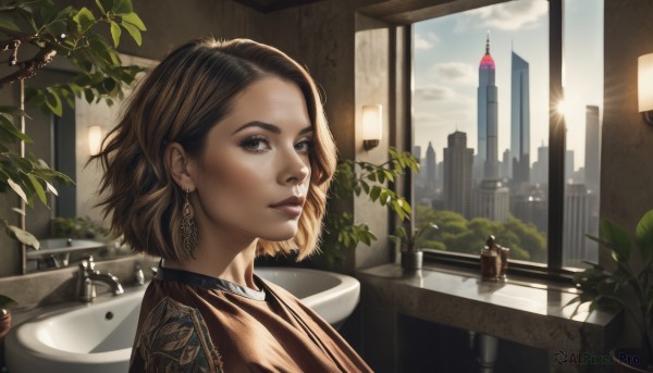 1girl,solo,looking at viewer,short hair,brown hair,shirt,brown eyes,jewelry,upper body,earrings,parted lips,sky,day,cloud,indoors,from side,lips,window,leaf,sunlight,plant,building,portrait,scenery,reflection,mirror,city,realistic,nose,tiles,potted plant,cityscape,bathroom,bathtub,skyscraper,tile wall,sink,tree,skyline