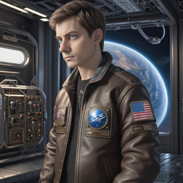 solo,blue eyes,brown hair,1boy,jacket,upper body,male focus,open clothes,signature,open jacket,window,science fiction,brown jacket,realistic,space,leather,animification,planet,leather jacket,earth (planet),american flag,spacecraft,bomber jacket,japanese flag,short hair,shirt,long sleeves,closed mouth,indoors,lips,star (sky),zipper,serious,badge,pilot