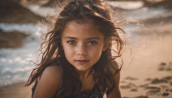 1girl,solo,long hair,looking at viewer,brown hair,bare shoulders,brown eyes,closed mouth,upper body,outdoors,sleeveless,dark skin,water,blurry,dark-skinned female,lips,depth of field,blurry background,ocean,beach,freckles,realistic,nose,sand,dirty,day,floating hair,sunlight,wind,messy hair,portrait,shore