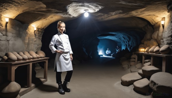 solo,brown hair,1boy,standing,male focus,boots,pants,black footwear,apron,hand on hip,facial hair,table,scenery,beard,rock,mustache,light,lamp,cliff,cave,chef,1girl,blonde hair,long sleeves,full body,indoors,buttons,black pants,candle,light bulb