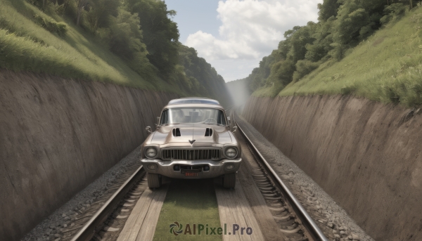 outdoors,sky,day,cloud,tree,blue sky,no humans,grass,ground vehicle,nature,scenery,motor vehicle,forest,car,road,vehicle focus,railroad tracks,cloudy sky,field,landscape,train