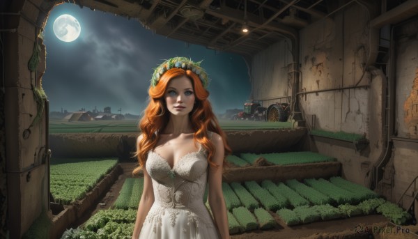 1girl,solo,long hair,breasts,looking at viewer,blue eyes,large breasts,hair ornament,dress,cleavage,bare shoulders,medium breasts,collarbone,flower,red hair,outdoors,parted lips,sky,cloud,water,white dress,orange hair,lips,night,wavy hair,moon,plant,ground vehicle,star (sky),night sky,scenery,motor vehicle,full moon,freckles,realistic,arms at sides,car,head wreath,ruins,moonlight,arch,overgrown,hair flower,strapless dress,post-apocalypse